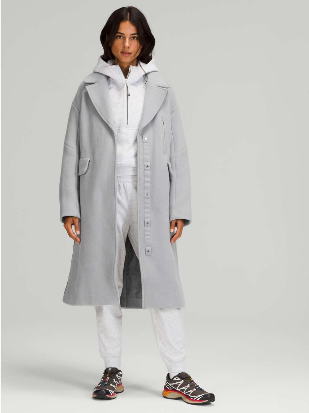 Light Gray Long Wool-Blend Coat - Women's